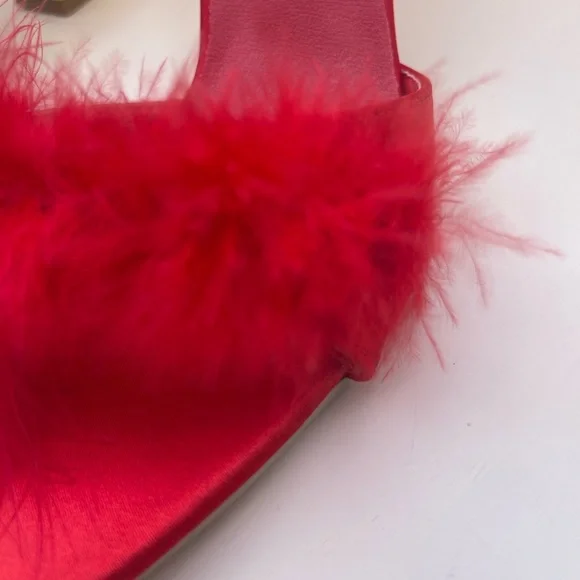 Red Satin Feather Mule Heels • Gold Block Heel • EU 40 (US 9–9.5) - Picture 6 of 8